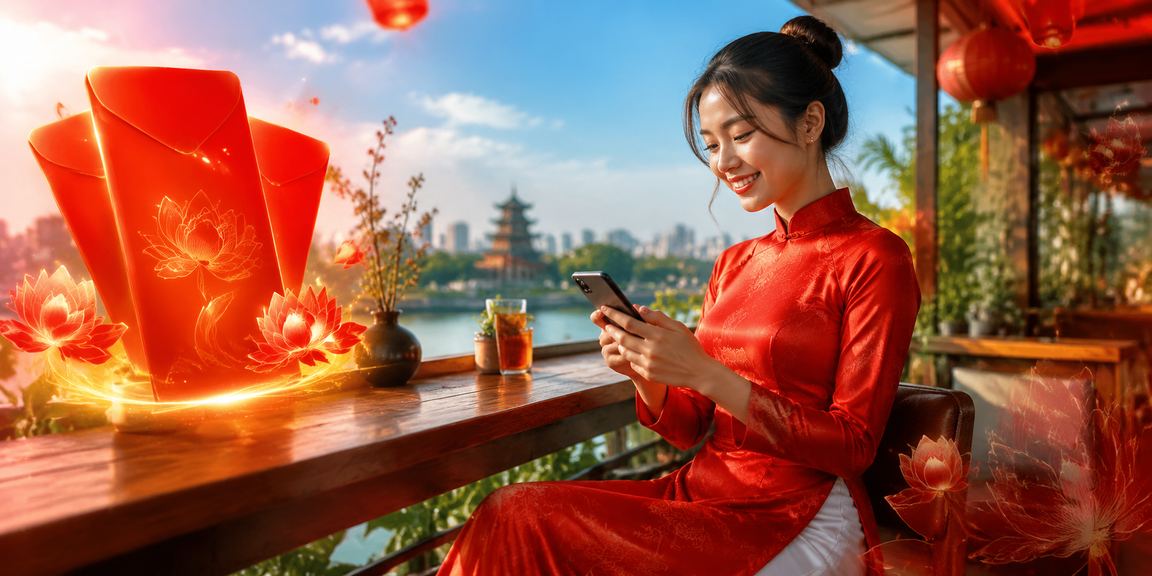 Người dùng nhận phong bì đỏ may mắn tại Hà Nội mặc áo dài truyền thống