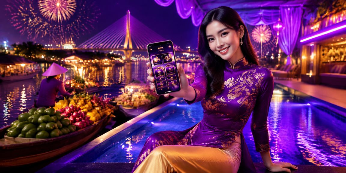 Người dùng sử dụng ứng dụng casino trên điện thoại tại vùng sông Mekong với trang phục truyền thống