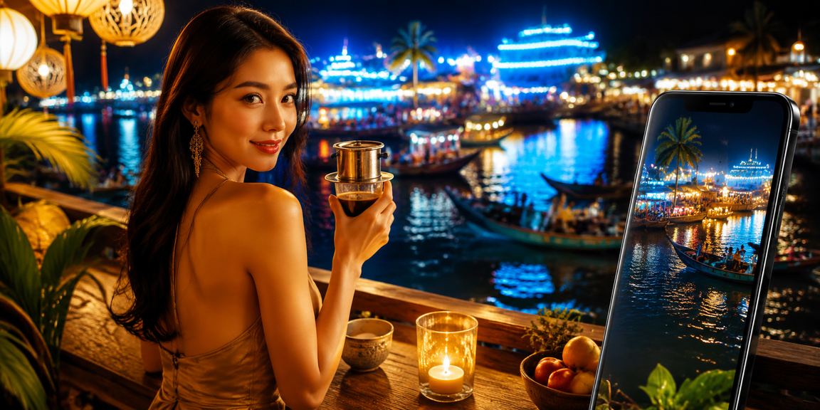 Người dùng kiểm tra ví điện tử và bonus VIP bên tách cà phê tại vùng Mekong